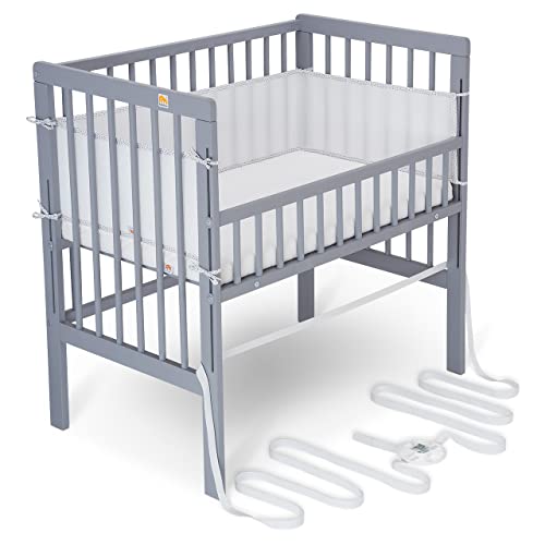 FabiMax Baby Beistellbett für Boxspringbett, TÜV geprüft 2022, inkl. Matratze und Nestchen aus Netzstoff, Buche massiv grau, Air/weiß mit Punkteband von FabiMax