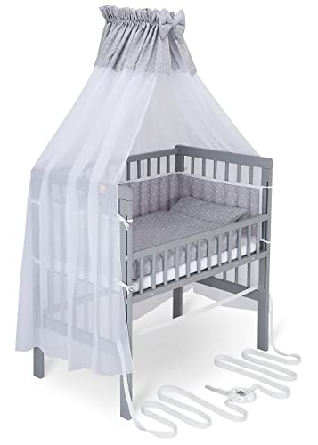 FabiMax Baby Beistellbett für Boxspringbett, TÜV geprüft 2022, inkl. Matratze und Komplett Set, Buche massiv grau, Air/graue Würfel von FabiMax