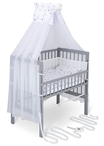 FabiMax Baby Beistellbett für Boxspringbett, TÜV geprüft 2022, inkl. Matratze und Komplett Set, Buche massiv grau, Comfort/graue Sterne auf weiß von FabiMax