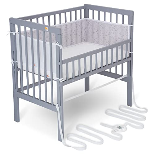 FabiMax Baby Beistellbett für Boxspringbett, TÜV geprüft 2022, inkl. Matratze und Nestchen aus Netzstoff, Buche massiv grau, Comfort/graue Blümchen von FabiMax