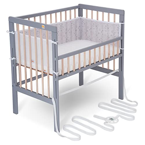 FabiMax Baby Beistellbett für Boxspringbett, TÜV geprüft 2022, inkl. Matratze und Nestchen aus Netzstoff, Buche massiv grau/Natur, Air/graue Blümchen von FabiMax