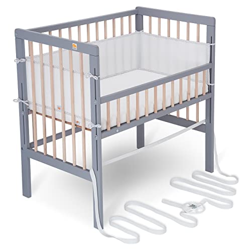 FabiMax Baby Beistellbett für Boxspringbett, TÜV geprüft 2022, inkl. Matratze und Nestchen aus Netzstoff, Buche massiv grau/Natur, Air/weiß mit Punkteband FabiMax Baby Beistellbett für Boxspringbett, TÜV geprüft 2022, inkl. Matratze und Nestchen aus Netzstoff, Buche massiv grau/Natur, Air/weiß mit Punkteband von FabiMax