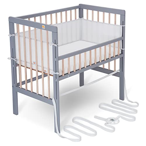 FabiMax Baby Beistellbett für Boxspringbett, TÜV geprüft 2022, inkl. Matratze und Nestchen aus Netzstoff, Buche massiv grau/Natur, Air/weiß mit Punkteband von FabiMax