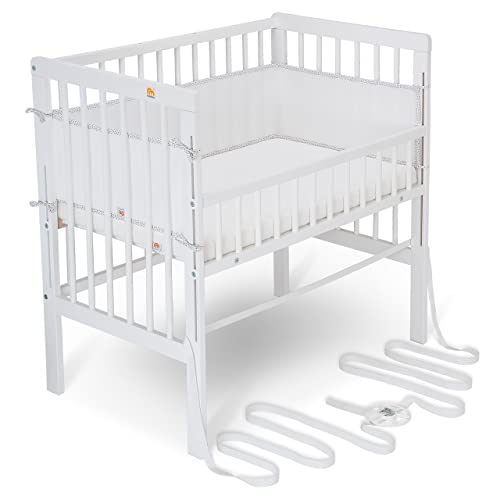 FabiMax Baby Beistellbett für Boxspringbett, TÜV geprüft 2022, inkl. Matratze und Nestchen aus Netzstoff, Buche massiv weiß, Comfort/weiß mit Punkteband von FabiMax