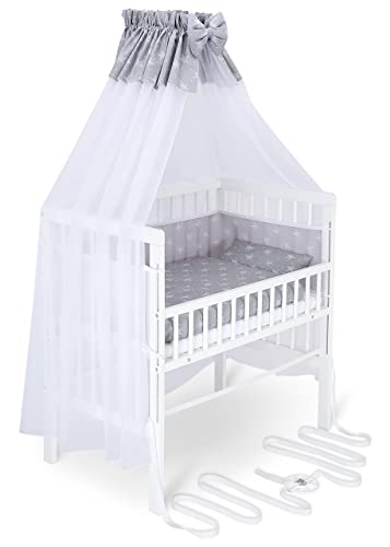 FabiMax Baby Beistellbett für Boxspringbett, TÜV geprüft 2022, inkl. Matratze und Komplett Set, Buche massiv weiß, Air/weiße Sterne auf grau von FabiMax