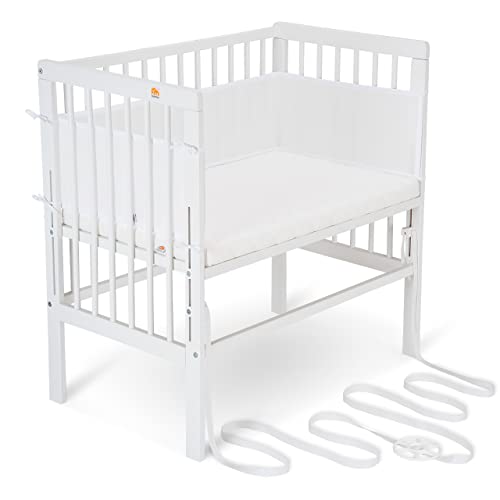 FabiMax Baby Beistellbett für Boxspringbett, stufenlos höhenverstellbar, Buchenholz massiv weiß lackiert, inkl. Matratze Classic und Netz-Nestchen weiß von FabiMax