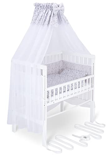 FabiMax Baby Beistellbett für Boxspringbett, TÜV geprüft 2022, inkl. Matratze und Komplett Set, Buche massiv weiß, Comfort/graue Blümchen von FabiMax