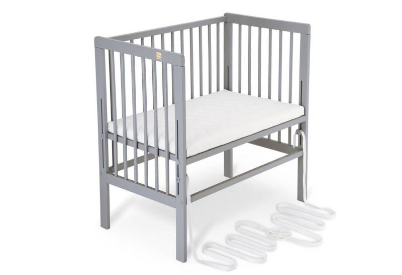 FabiMax Beistellbett Babybett Boxspring grau, 90 x 55 cm Liegefläche, aus Buchenholz, Stufenlos höhenverstellbar 40-73 cm, Holz-Lattenrost von FabiMax