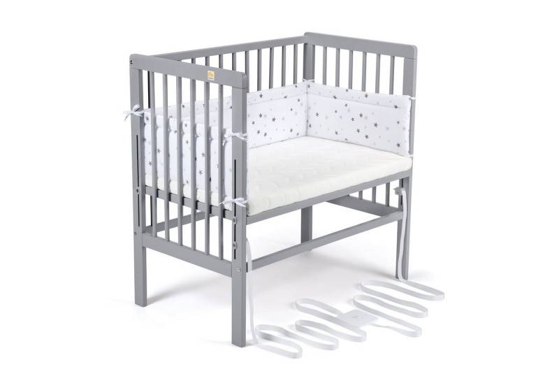 FabiMax Beistellbett Babybett Boxspring grau, 90 x 55 cm Liegefläche, aus Buchenholz, Stufenlos höhenverstellbar 40-73 cm, Holz-Lattenrost von FabiMax