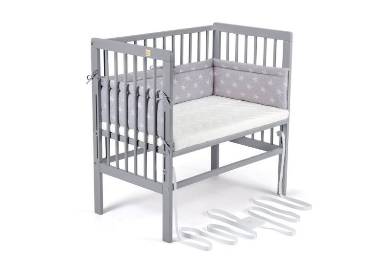 FabiMax Beistellbett Babybett Boxspring grau, 90 x 55 cm Liegefläche, aus Buchenholz, Stufenlos höhenverstellbar 40-73 cm, Holz-Lattenrost von FabiMax
