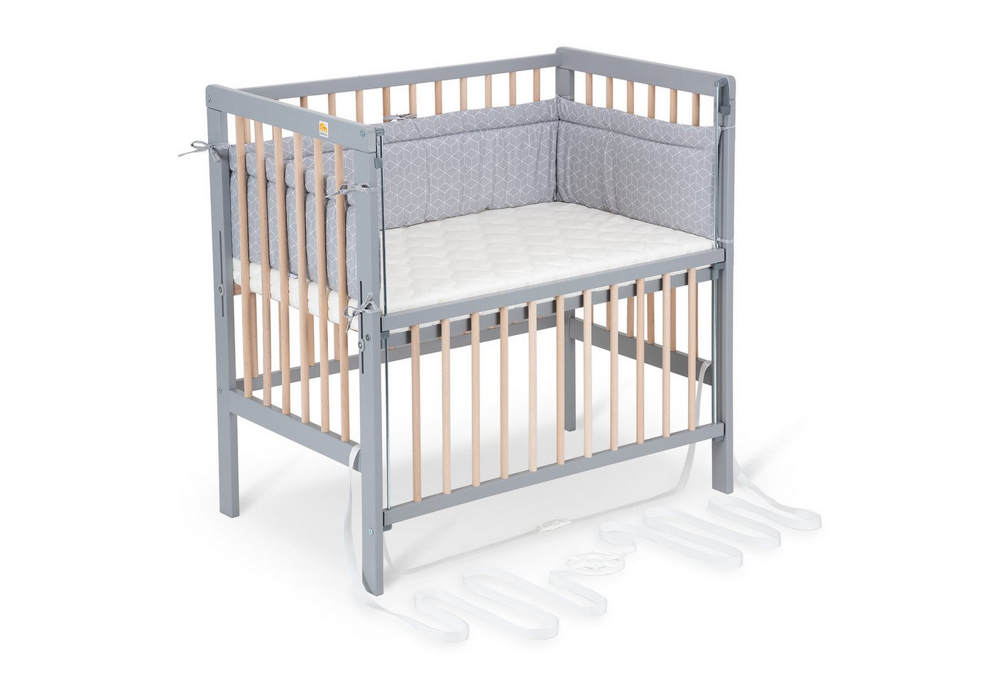 FabiMax Beistellbett Flex grau / natur, 90 x 55 cm Liegefläche, 2in1, Beistellbett und Stubenbettchen in Einem, innovatives Seitenteil von FabiMax