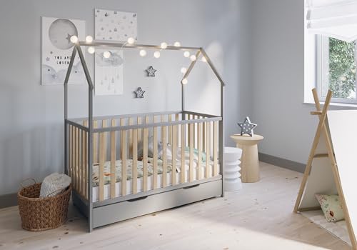 FabiMax Kinderbett Hausbett Schlafmütze, 70x140 cm, aus Kiefernholz grau/Natur lackiert, mit Matratze Comfort, mit Schublade von FabiMax