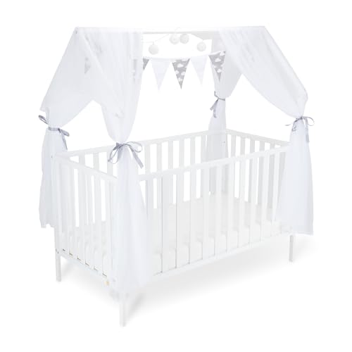 FabiMax Kinderbett Hausbett Schlafmütze, 70x140 cm, aus Kiefernholz weiß lackiert, mit Matratze Classic, mit grau/weißer Deko von FabiMax