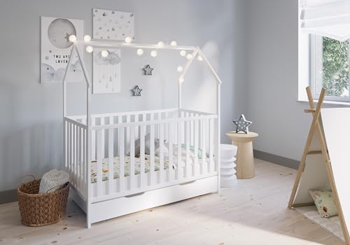 FabiMax Kinderbett Hausbett Schlafmütze, 70x140 cm, aus Kiefernholz weiß lackiert,mit Matratze Air, mit rosaner Deko, mit Schublade von FabiMax