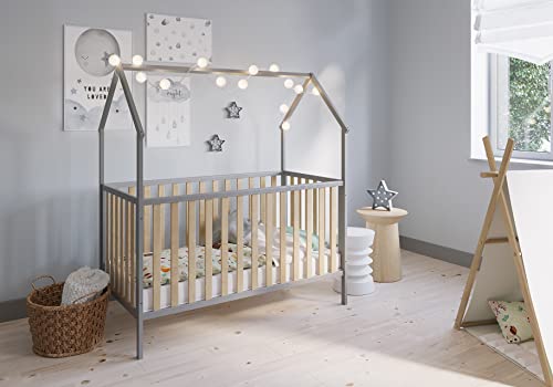 FabiMax Kinderbett Hausbett Schlafmütze, 70x140 cm, aus Kiefernholz grau/Natur lackiert, mit Matratze Air von FabiMax