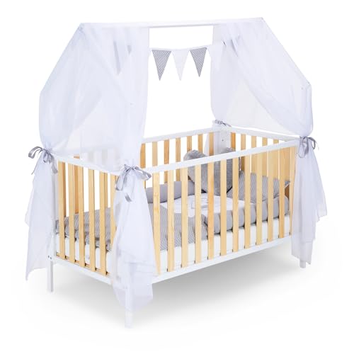 FabiMax Kinderbett Hausbett Schlafmütze Weiß/Natur, 140x70 cm, Komplettset (Matratze Air, Komplettset Graue Punkte) von FabiMax