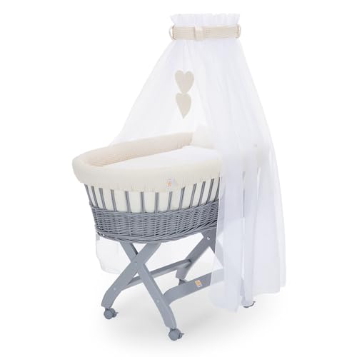FabiMax Stubenwagen Grau Komplettset mit Matratze, Musselin-Schlafsack oder Bettwäsche, Himmel & Weidenkorb (Decke/Kissen, Creme) von FabiMax