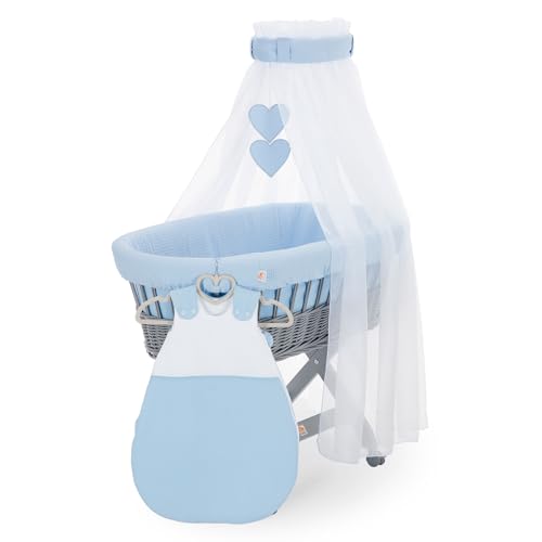 FabiMax Stubenwagen Grau Komplettset mit Matratze, Musselin-Schlafsack oder Bettwäsche, Himmel & Weidenkorb (Schlafsack, Blau) von FabiMax
