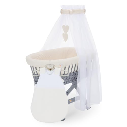 FabiMax Stubenwagen Grau Komplettset mit Matratze, Musselin-Schlafsack oder Bettwäsche, Himmel & Weidenkorb (Schlafsack, Creme) von FabiMax