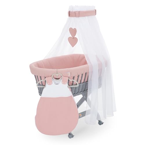 FabiMax Stubenwagen Grau Komplettset mit Matratze, Musselin-Schlafsack oder Bettwäsche, Himmel & Weidenkorb (Schlafsack, Rosa) von FabiMax