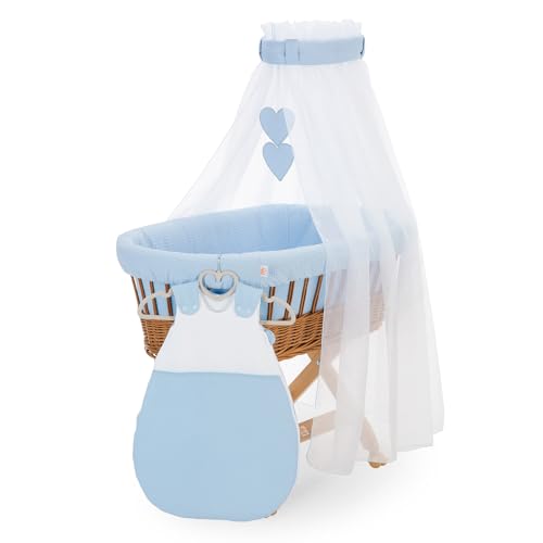 FabiMax Stubenwagen Natur Komplettset mit Matratze, Musselin-Schlafsack oder Bettwäsche, Himmel & Weidenkorb (Schlafsack, Blau) von FabiMax