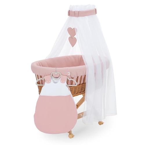 FabiMax Stubenwagen Natur Komplettset mit Matratze, Musselin-Schlafsack oder Bettwäsche, Himmel & Weidenkorb (Schlafsack, Rosa) von FabiMax