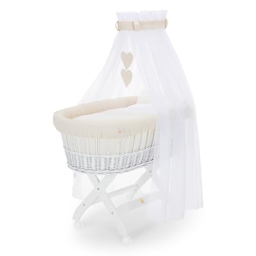 FabiMax Stubenwagen Weiß Komplettset mit Matratze, Musselin-Schlafsack oder Bettwäsche, Himmel & Weidenkorb (Decke/Kissen, Creme) von FabiMax