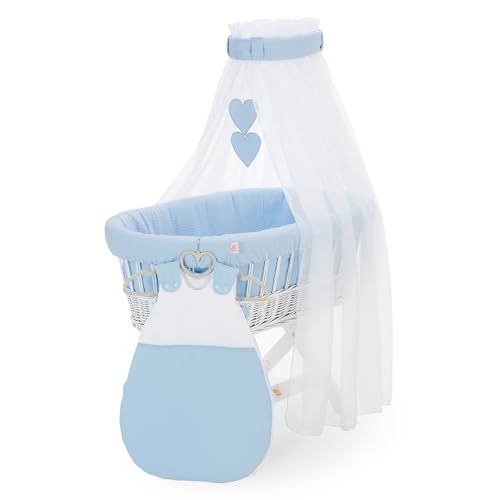 FabiMax Stubenwagen Weiß Komplettset mit Matratze, Musselin-Schlafsack oder Bettwäsche, Himmel & Weidenkorb (Schlafsack, Blau) von FabiMax