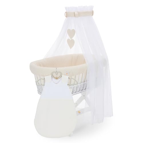 FabiMax Stubenwagen Weiß Komplettset mit Matratze, Musselin-Schlafsack oder Bettwäsche, Himmel & Weidenkorb (Schlafsack, Creme) von FabiMax