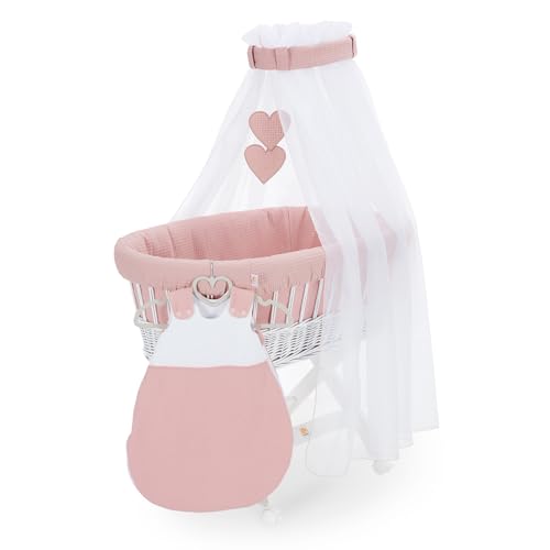 FabiMax Stubenwagen Weiß Komplettset mit Matratze, Musselin-Schlafsack oder Bettwäsche, Himmel & Weidenkorb (Schlafsack, Rosa) von FabiMax