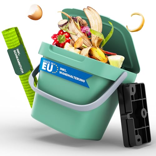 Fabigreen Biomülleimer Küche 3L inkl. Schwammtuch (2er Set) - Made in EU - Komposteimer Küche für Biomüll Behälter - geruchsdichter Bio Mülleimer klein mit Deckel Bio Eimer (Grün (3L)) von Fabigreen