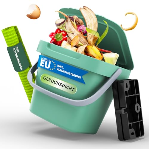 Fabigreen Biomülleimer Küche 3L inkl. Schwammtuch (2er Set) - Made in EU - Komposteimer Küche für Biomüll Behälter - geruchsdichter Bio Mülleimer klein mit Deckel Bio Eimer (Grün (3L)) von Fabigreen