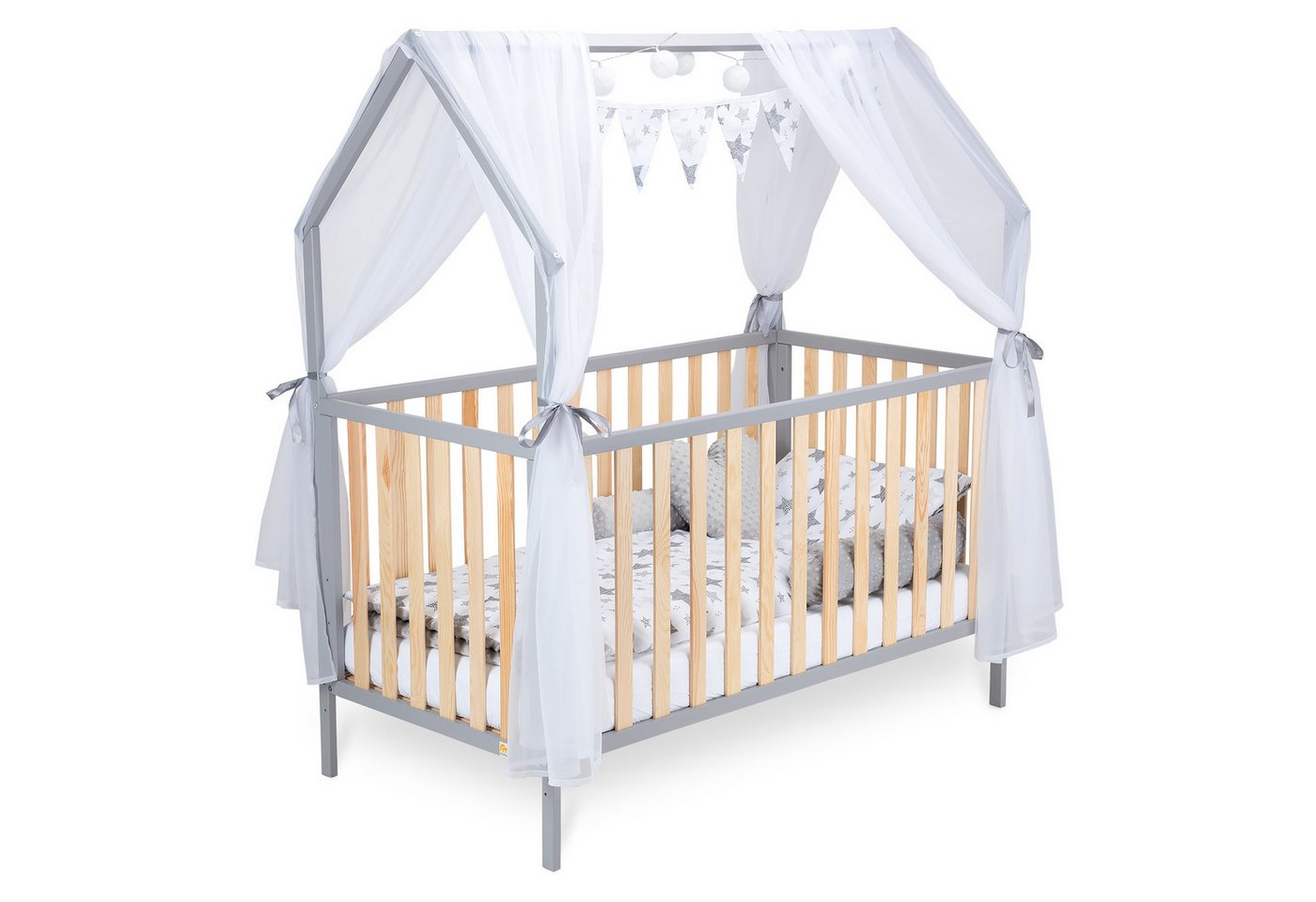 FabiMax Kinderbett Hausbett Schlafmütze Grau / Natur mit Deko-Set, Kiefer massiv, Gitterbett, Babybett, Umbaubar zum Juniorbett von Fabimax