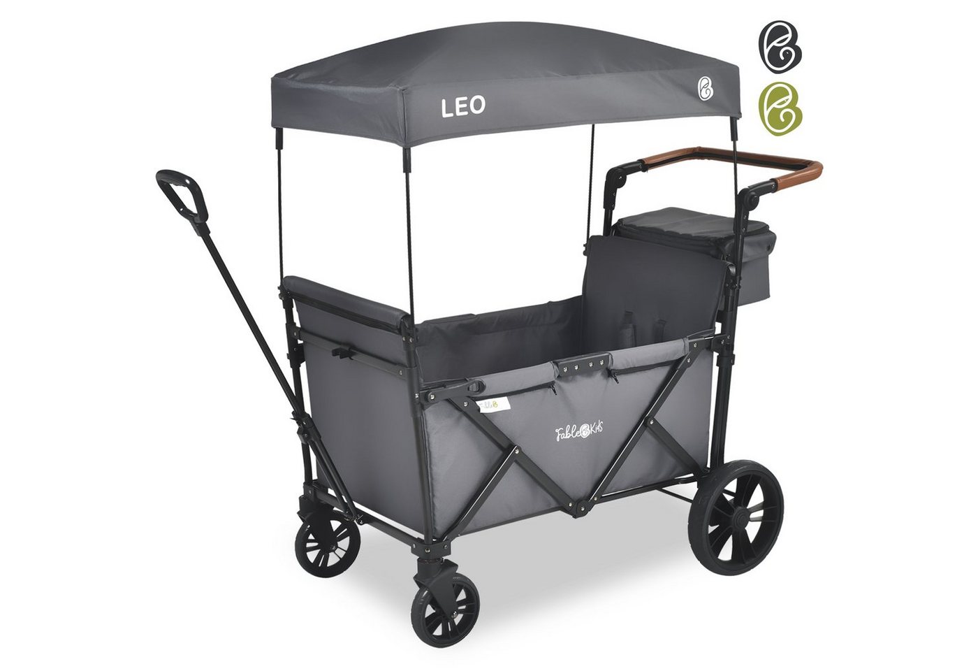 FableKids Bollerwagen LEO X2Lite – Faltbarer Transportwagen mit Dach 5-Punkt-Gurt (Fossil Grau), Hecktasche, Abdeckhaube von FableKids