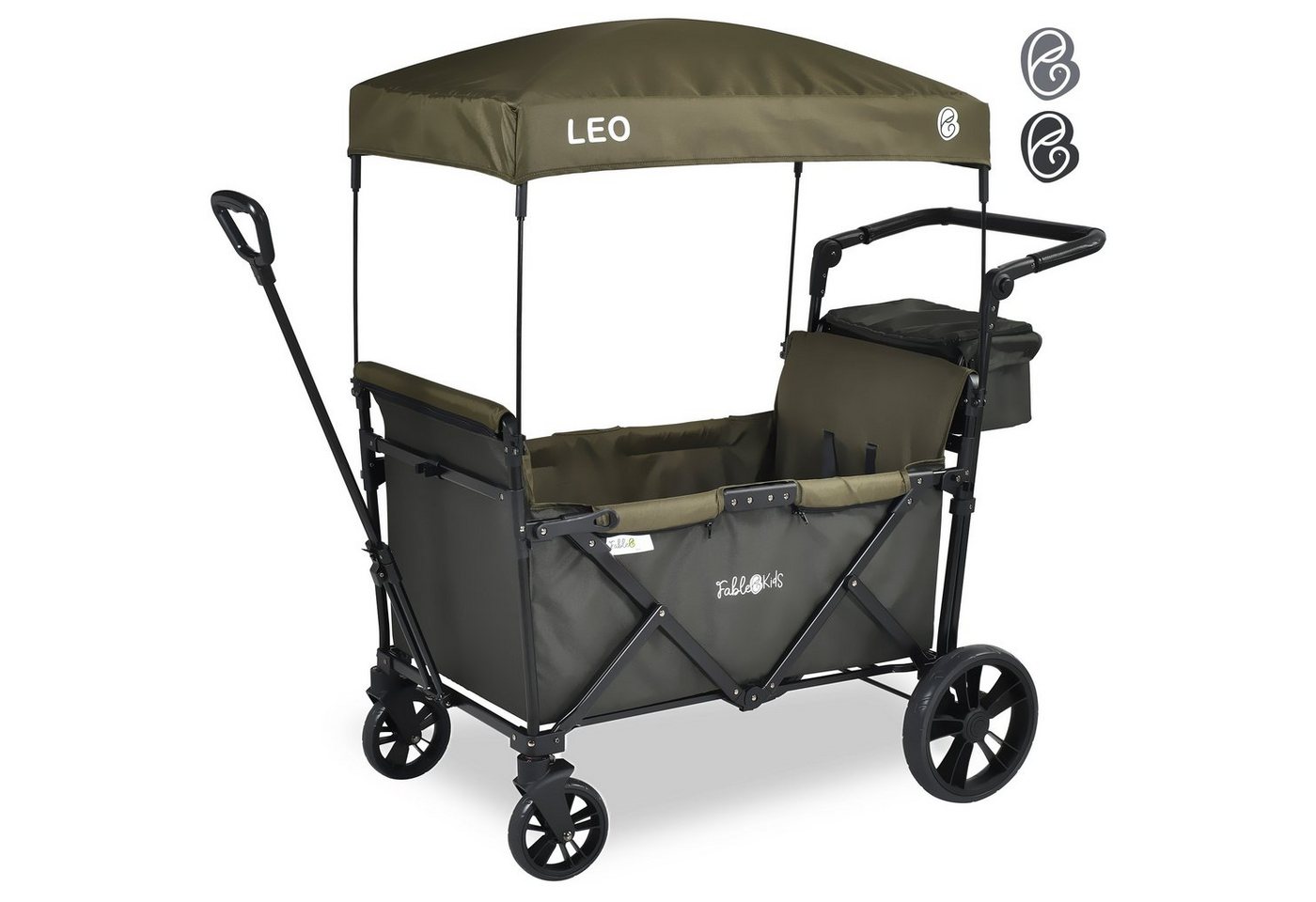 FableKids Bollerwagen LEO X2Lite – Faltbarer Transportwagen mit Dach 5-Punkt-Gurt (Safari Grün), Hecktasche, Abdeckhaube von FableKids