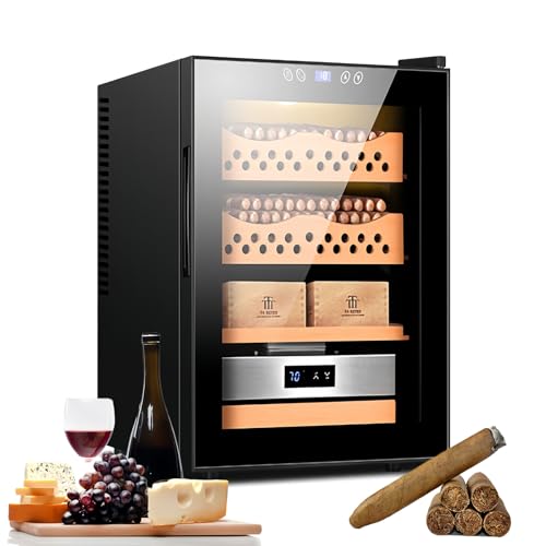 Fablestoryem Elektrischer Zigarren-Humidor Mit 50L FassungsvermöGen,200-300 StüCk,Leiser Zigarrenkistenschrank Mit Schublade Und Regalen Aus Spanischem Zedernholz,Mit Digitalem Hygrometer,Black A von Fablestoryem