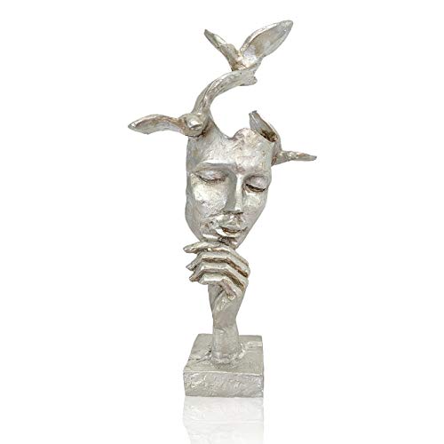 Fabnish Büste mit Vögel - Deko Skulptur - Abstrakte Kunst - Statue - Dekofigur - Farbe Silber mit Sockel - 30 cm von Fabnish