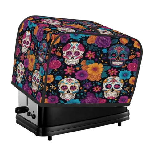 Bunte Totenkopf-Toaster-Abdeckung mit Blumenmuster, 2 Scheiben, Staubschutz für Brotmaschine, kleine Küchengeräte von Fabpuro