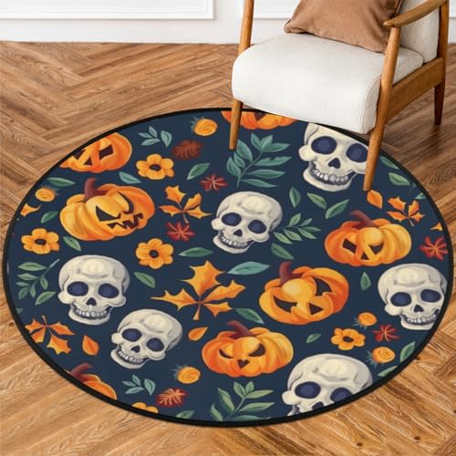 Fabpuro Runder Teppich für Wohnzimmer, Schlafzimmer, Kinderzimmer, waschbar, rutschfest, für Heimdekoration, Halloween, Totenkopf-Kürbisblätter, 152 cm von Fabpuro