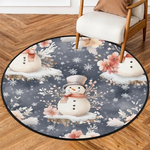 Fabpuro Weihnachtsteppich, rund, für Wohnzimmer, Schlafzimmer, Kinderzimmer, waschbar, rutschfest, für Heimdekoration, Weihnachten, Schneemann, Blumenmuster von Fabpuro
