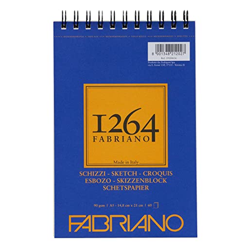 Honsell 19100636 - Fabriano Schizzi Skizzenblock 1264 mit Kopfspirale, 90 g/qm, DIN A5, 60 Blatt Skizzenpapier in elfenbeinweiß, säurefrei, leicht gekörnt, für alle Trockentechniken von Fabriano