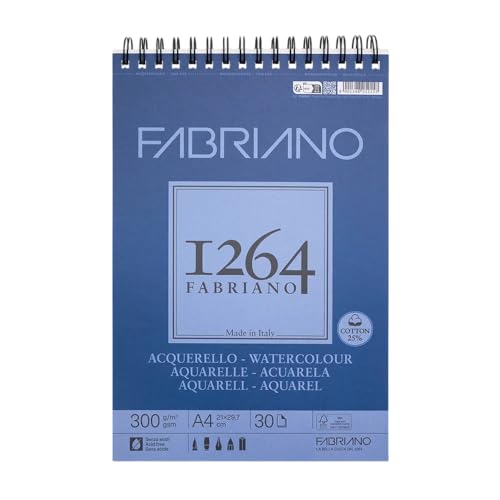 Honsell 19100649 - Fabriano Watercolour Zeichenblock mit Spiralbindung 1264, 300 g/qm, DIN A4, 30 Blatt naturweißes, satiniertes Papier mit mittlerer Körnung, säurefrei, für alle Trockentechniken von Fabriano