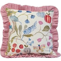 Handgefertigtes Jackfrucht Kissen Vintage John Louis Stoff, Rote Inlett Streifen Rüschen Handgefertigtes Jackfrucht Kissen Vintage John Louis Stoff, Rote Inlett Streifen Rüschen von Fabricsnug