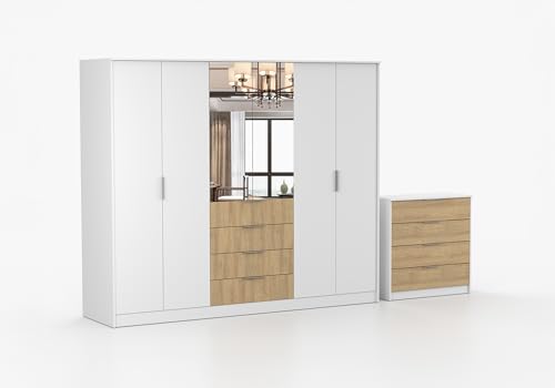 Fabryka Mebli Idźczak Drehtürenschrank und Kommode 2er-Set, Kleiderschrank - Schlafzimmerschrank - Wohnzimmerschrank, Garderobenschrank, Schrank Zwei Spiegeln, Einlegeböden - Weiß + Hickory Eiche von Fabryka Mebli Idźczak