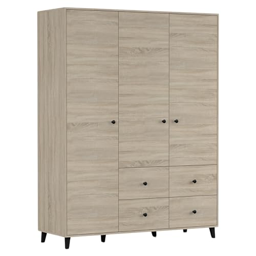 Fabryka Mebli Idźczak - Kinderzimmer Dreitüriger Kleiderschrank Fox 4S3D 19 mit Schubladen - ‎55 x 150 x 202 cm Schrank - Drehtürenschrank Schwarze Metallgriffe - Modernes Design von Fabryka Mebli Idźczak