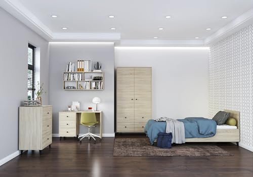 Fabryka Mebli Idźczak Kinderzimmer-Set Fox - Bett, Wandregal, Kinder Kommode, Schreibtisch, Kleiderschrank - Schwarze Holzbeine, Metallgriffe - Modernes Design - Sonoma von Fabryka Mebli Idźczak