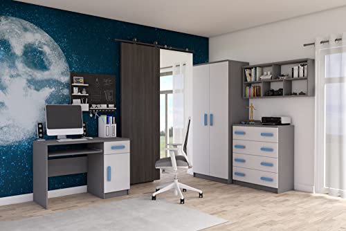 Fabryka Mebli Idźczak Kinderzimmer-Set Jonas II 02 Schrank Wandregal Kommode Schreibtisch Nachttisch Griffe - Skandinavischer Stil Stillvolles Modern Design (Weiß/Blau) von Fabryka Mebli Idźczak