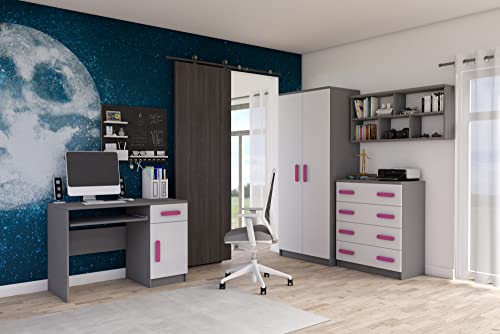 Fabryka Mebli Idźczak Kinderzimmer-Set Jonas II 02 Schrank Bett Wandregal Kommode Schreibtisch Nachttisch Griffe - Skandinavischer Stil Stillvolles Modern Design (Weiß/Rosa) von Fabryka Mebli Idźczak