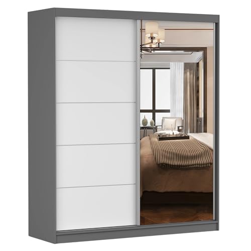 Fabryka Mebli Idźczak Kleiderschrank mit Spiegel - Schwebetürenschrank, Schlafzimmerschrank - Weiß, Grau Schrank für Schlafzimmer, Ankleidezimmer - 61 x 183 x 218 cm - Garderobenschrank von Fabryka Mebli Idźczak