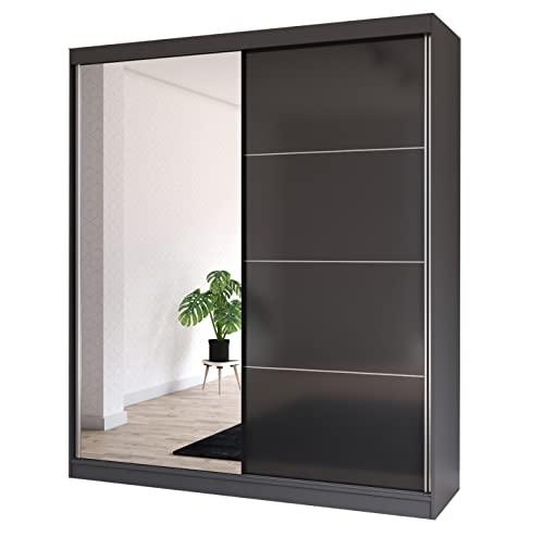 Fabryka Mebli Idźczak Schiebetürenschrank, eleganter Kleiderschrank Schrank Garderobe Spiegel Multi 31-200 cm, Schlafzimmer- Wohnzimmerschrank Schiebetüren Modern Design (Graphit/Schwarz) von Fabryka Mebli Idźczak